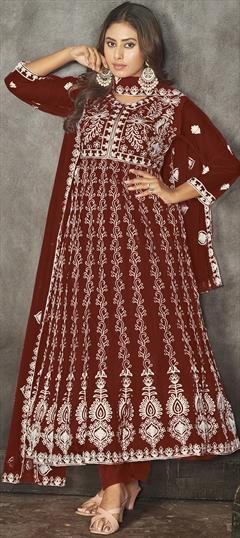 Festive, Party Wear, Reception Red and Maroon color Salwar Kameez in Net fabric with Anarkali Embroidered, Resham, Thread work : 1931750
