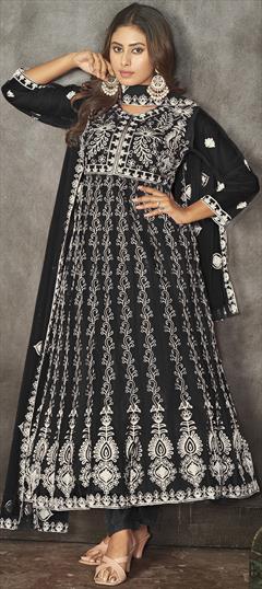 Festive, Party Wear, Reception Black and Grey color Salwar Kameez in Net fabric with Anarkali Embroidered, Resham, Thread work : 1931751