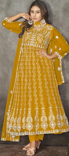 Festive, Party Wear, Reception Yellow color Salwar Kameez in Net fabric with Anarkali Embroidered, Resham, Thread work : 1931766
