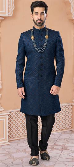 Reception, Wedding Blue color Sherwani in Jacquard fabric with Stone, Thread work : 1931770