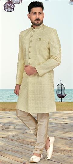 Reception, Wedding Green color Sherwani in Silk fabric with Embroidered, Stone work : 1931781