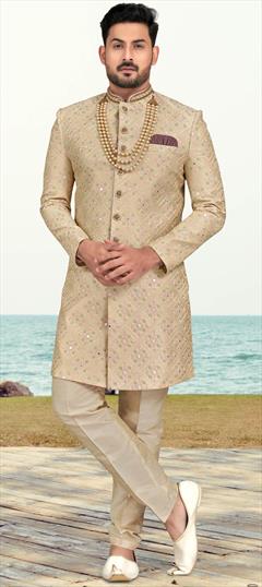 Reception, Wedding Beige and Brown color Sherwani in Banarasi Silk fabric with Embroidered, Thread work : 1931787