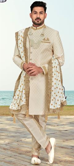 Reception, Wedding Beige and Brown color Sherwani in Banarasi Silk fabric with Embroidered, Thread, Zari work : 1931788