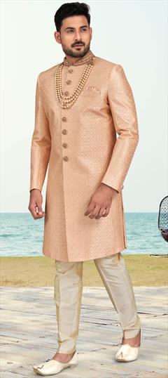 Reception, Wedding Pink and Majenta color Sherwani in Silk fabric with Embroidered, Stone work : 1931789
