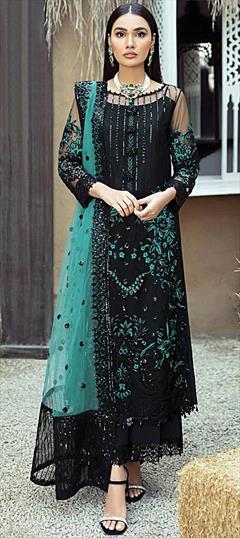 Festive, Party Wear Black and Grey, Blue color Salwar Kameez in Faux Georgette fabric with Pakistani, Palazzo, Straight Sequence, Thread work : 1931803