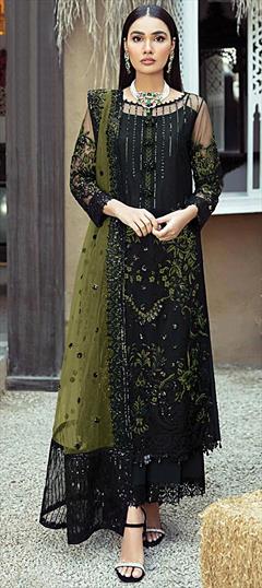 Festive, Party Wear Black and Grey, Green color Salwar Kameez in Faux Georgette fabric with Pakistani, Palazzo, Straight Sequence, Thread work : 1931809