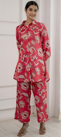 Summer Red and Maroon color Co-ords Set in Cotton fabric with Printed work : 1931829
