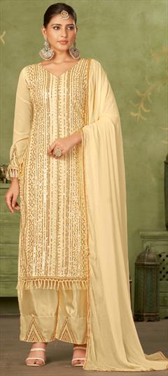 Festive, Party Wear, Reception Beige and Brown color Salwar Kameez in Georgette fabric with Palazzo, Straight Embroidered, Resham, Sequence, Zari work : 1931864