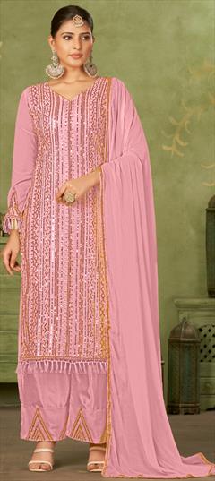 Festive, Party Wear, Reception Pink and Majenta color Salwar Kameez in Georgette fabric with Palazzo, Straight Embroidered, Resham, Sequence, Zari work : 1931868