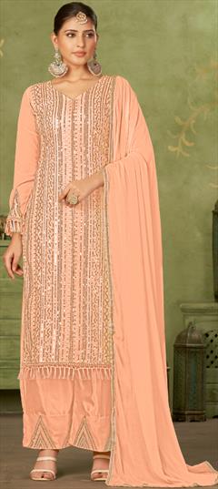 Festive, Party Wear, Reception Pink and Majenta color Salwar Kameez in Georgette fabric with Palazzo, Straight Embroidered, Resham, Sequence, Zari work : 1931869
