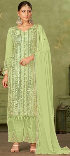 Festive, Party Wear, Reception Green color Salwar Kameez in Georgette fabric with Palazzo, Straight Embroidered, Resham, Sequence, Zari work : 1931878