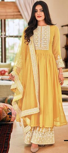 Festive, Party Wear, Reception Yellow color Salwar Kameez in Georgette fabric with A Line, Palazzo Embroidered, Resham, Sequence, Stone work : 1931903