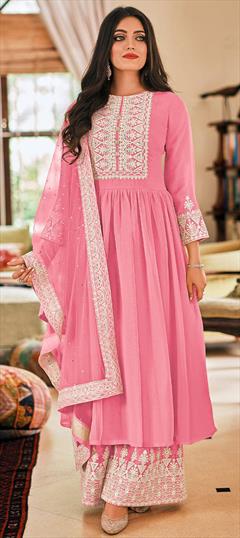Festive, Party Wear, Reception Pink and Majenta color Salwar Kameez in Georgette fabric with A Line, Palazzo Embroidered, Resham, Sequence, Stone work : 1931909