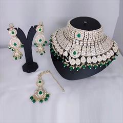 Green color Bridal Jewelry in Brass studded with CZ Diamond, Pearl & Gold Rodium Polish : 1931985