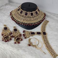 Red and Maroon color Bridal Jewelry in Brass studded with CZ Diamond, Pearl & Gold Rodium Polish : 1931988