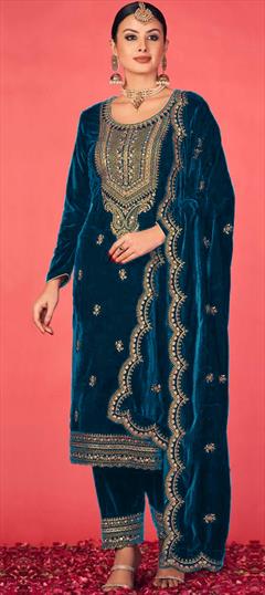 Festive, Mehendi Sangeet, Reception Blue color Salwar Kameez in Velvet fabric with Straight Embroidered, Sequence, Thread work : 1932166