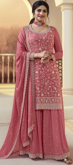 Bollywood Pink and Majenta color Salwar Kameez in Chiffon fabric with Palazzo, Straight Embroidered, Sequence, Thread, Zari work : 1932175