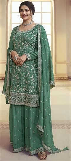 Bollywood Green color Salwar Kameez in Chiffon fabric with Palazzo, Straight Embroidered, Sequence, Thread, Zari work : 1932176