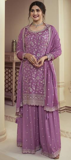 Bollywood Purple and Violet color Salwar Kameez in Chiffon fabric with Palazzo, Straight Embroidered, Sequence, Thread, Zari work : 1932177
