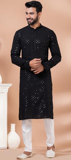 Festive, Wedding Black and Grey color Kurta Pyjamas in Rayon, Viscose fabric with Embroidered, Sequence work : 1932187