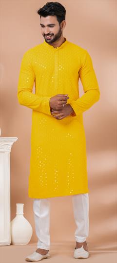 Festive, Wedding Yellow color Kurta Pyjamas in Rayon, Viscose fabric with Embroidered, Sequence work : 1932188