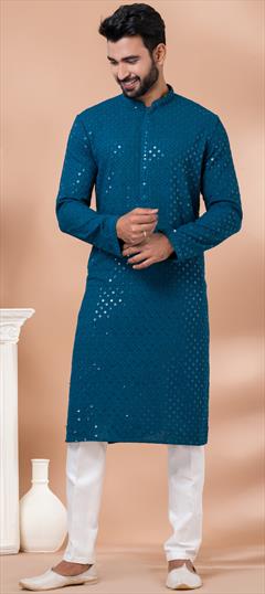 Festive, Wedding Green color Kurta Pyjamas in Rayon, Viscose fabric with Embroidered, Sequence work : 1932189