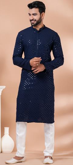 Festive, Wedding Blue color Kurta Pyjamas in Rayon, Viscose fabric with Embroidered, Sequence work : 1932190