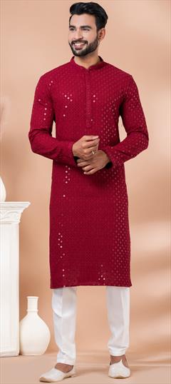 Festive, Wedding Red and Maroon color Kurta Pyjamas in Rayon, Viscose fabric with Embroidered, Sequence work : 1932191