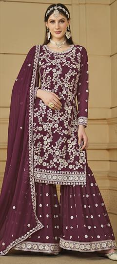 Festive, Party Wear, Reception Red and Maroon color Salwar Kameez in Faux Georgette fabric with Sharara, Straight Embroidered, Sequence, Thread work : 1932202