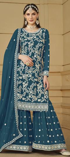 Festive, Party Wear, Reception Blue color Salwar Kameez in Faux Georgette fabric with Sharara, Straight Embroidered, Sequence, Thread work : 1932203