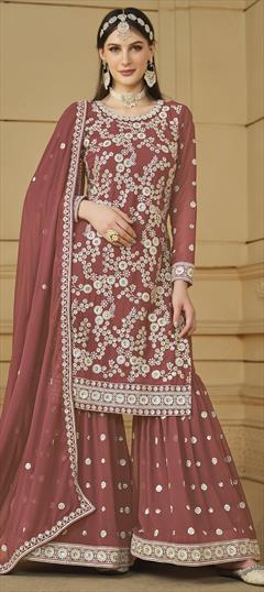Festive, Party Wear, Reception Beige and Brown color Salwar Kameez in Faux Georgette fabric with Sharara, Straight Embroidered, Sequence, Thread work : 1932207