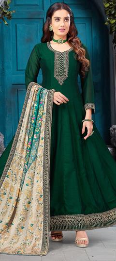 Festive, Reception, Wedding Green color Gown in Silk fabric with Anarkali Embroidered, Sequence, Thread, Zari work : 1932208