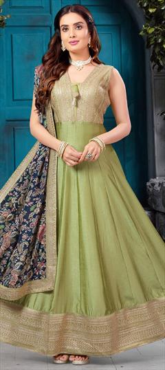 Festive, Reception, Wedding Green color Gown in Silk fabric with Anarkali Embroidered, Sequence, Thread, Zari work : 1932215