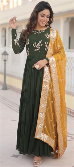 Engagement, Festive, Reception Green color Gown in Faux Georgette fabric with Embroidered, Sequence work : 1932226