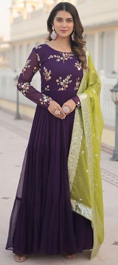 Engagement, Festive, Reception Purple and Violet color Gown in Faux Georgette fabric with Embroidered, Sequence work : 1932227