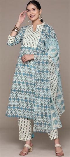 Festive, Summer Beige and Brown color Salwar Kameez in Cotton fabric with Straight Bugle Beads, Printed work : 1932319