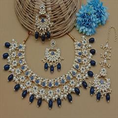 Blue color Necklace in Metal Alloy studded with Kundan, Pearl & Gold Rodium Polish : 1932430