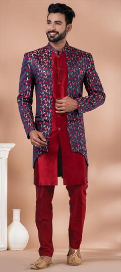 Reception, Wedding Blue, Red and Maroon color IndoWestern Dress in Dupion Silk fabric with Weaving work : 1932493