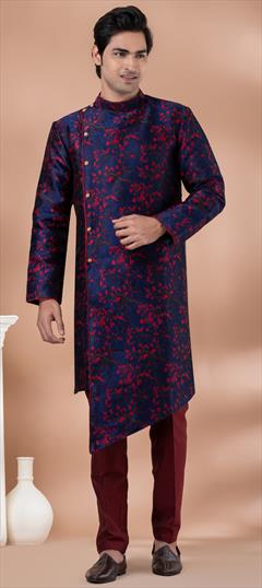 Reception, Wedding Blue color IndoWestern Dress in Jacquard fabric with Weaving work : 1932500
