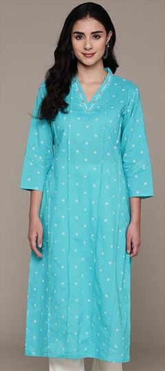Summer Blue color Kurti in Cotton fabric with Straight Bugle Beads, Printed work : 1932634