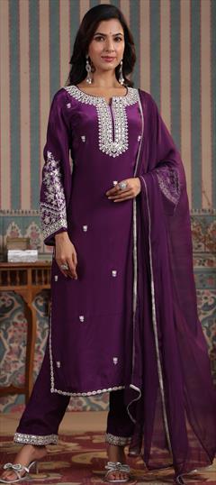 Festive, Party Wear, Reception Purple and Violet color Salwar Kameez in Crepe Silk fabric with Pakistani, Straight Embroidered, Mirror, Resham, Thread work : 1932639