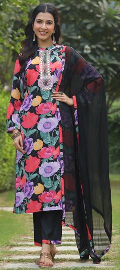 Festive, Party Wear, Reception Black and Grey color Salwar Kameez in Crepe Silk fabric with Pakistani, Straight Floral, Printed work : 1932640