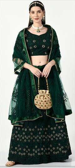 Festive, Reception, Wedding Green color Lehenga in Net fabric with Flared Embroidered, Sequence, Thread work : 1932685