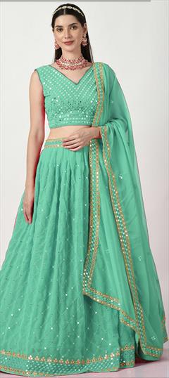 Mehendi Sangeet, Wedding Green color Lehenga in Faux Georgette fabric with Flared Embroidered, Sequence, Thread work : 1932701