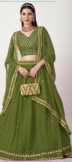 Mehendi Sangeet, Wedding Green color Lehenga in Faux Georgette fabric with Flared Embroidered, Sequence, Thread work : 1932702