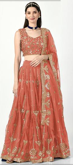 Mehendi Sangeet, Wedding Beige and Brown color Lehenga in Faux Georgette fabric with Flared Embroidered, Sequence, Thread work : 1932703