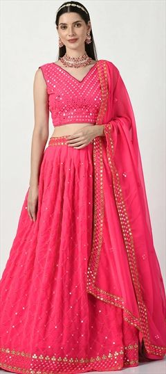 Mehendi Sangeet, Wedding Pink and Majenta color Lehenga in Faux Georgette fabric with Flared Embroidered, Sequence, Thread work : 1932704