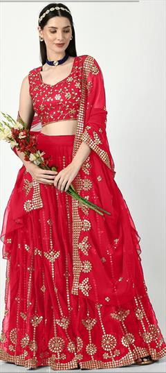 Mehendi Sangeet, Wedding Red and Maroon color Lehenga in Faux Georgette fabric with Flared Embroidered, Sequence, Thread work : 1932705