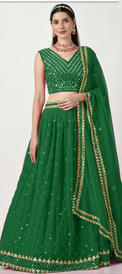Mehendi Sangeet, Wedding Green color Lehenga in Faux Georgette fabric with Flared Embroidered, Sequence, Thread work : 1932706