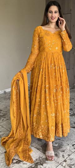 Festive, Party Wear, Reception Yellow color Salwar Kameez in Faux Georgette fabric with Anarkali Embroidered, Thread work : 1932800